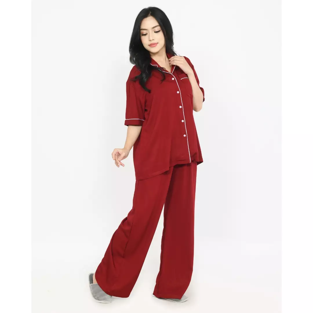 Cotton Oversized Rae MERAH Set Piyama Celana Panjang Polos FREE SLIP ON