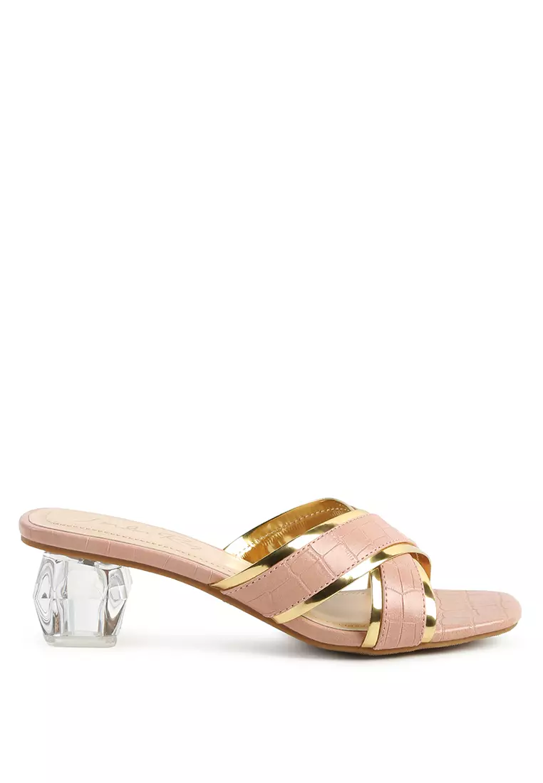 Buy London Rag Gold Line Croc Textured Low Heel Sandals in Pink 2023 ...