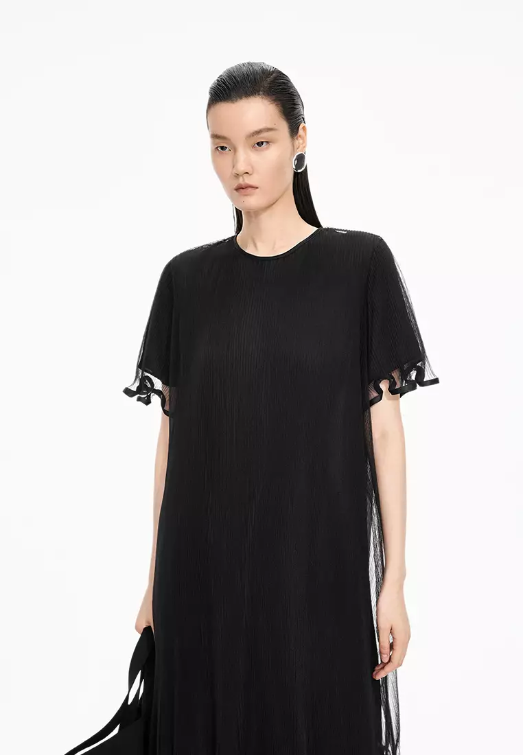 【轻礼服】混纺网纱A型压褶短袖连衣裙