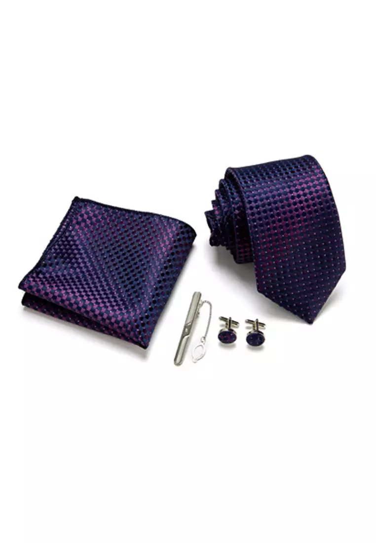 Purple Tie, Pocket Square, Cufflinks, Tie Clip 4 Pieces Gift Set KCBT2242