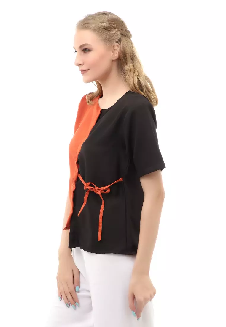 Cheva Blouse Wanita Kasual Zigzag Tali Ikat Samping Kombinasi 2 Warna Material Moscrepe ORIGINAL