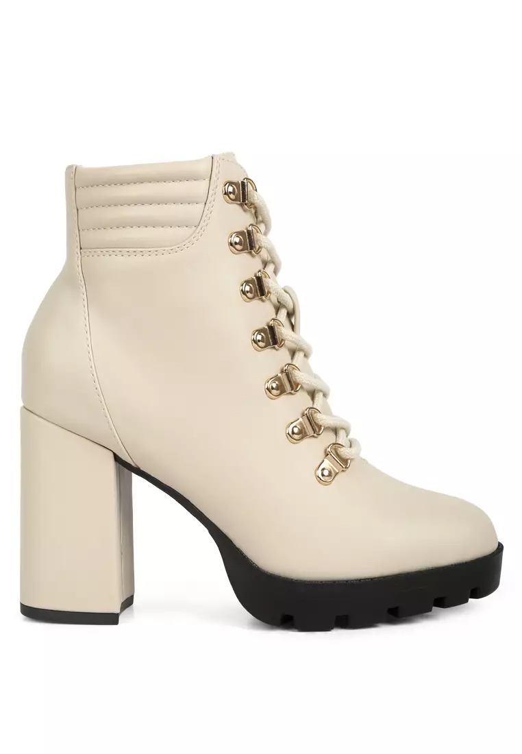 Beige Lace Up Block Heel Boots