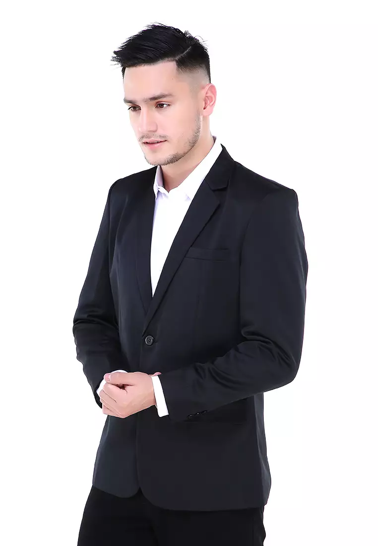 Woreq Jas Blazer Pria Premium Plain Formal Longsleeve Suit Material Polyester ORIGINAL - Black