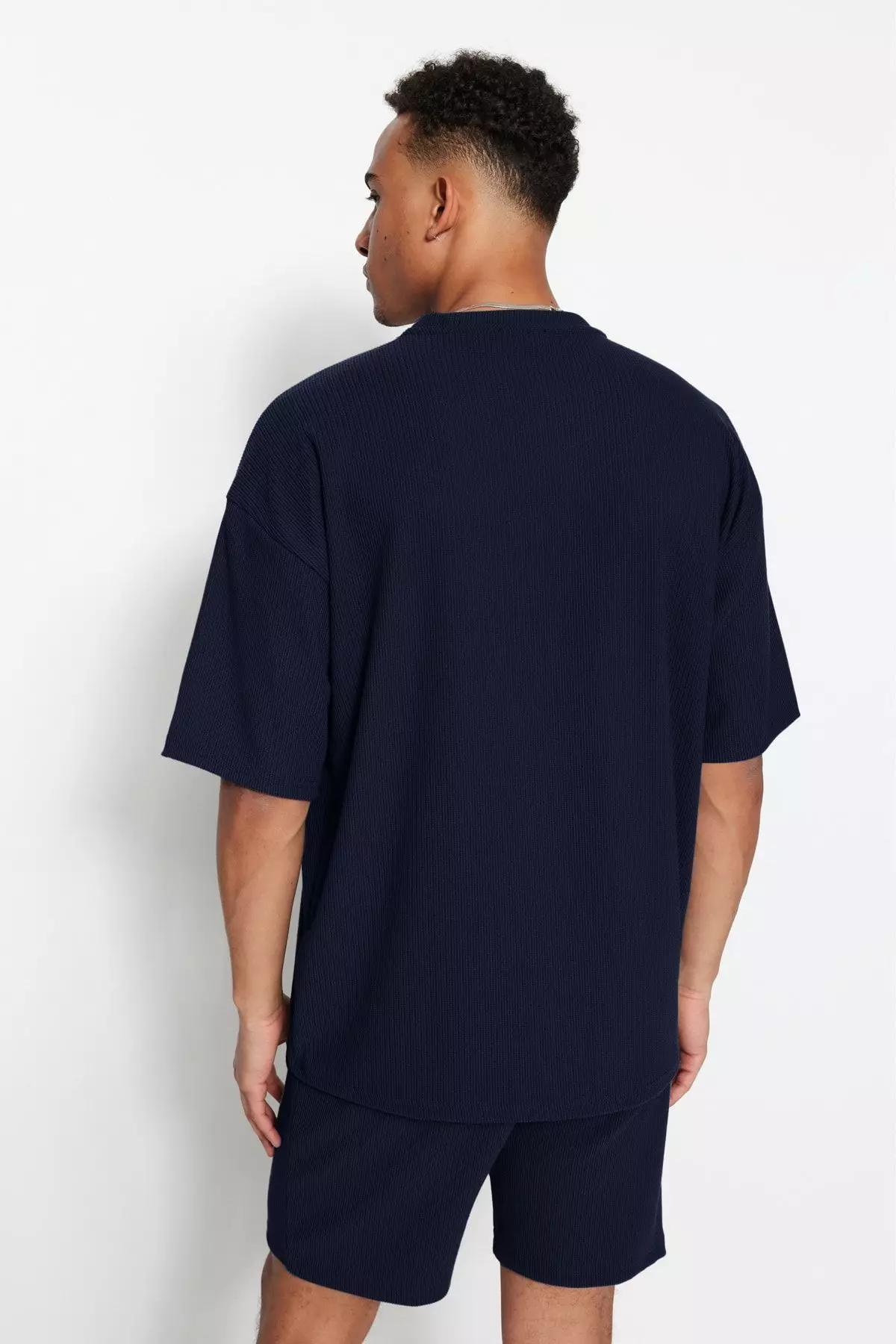 Navy Blue Premium Oversize Crew Neck Short Sleeve Textured Wrinkle-Free Ottoman T-Shirt TMNSS23TS00081