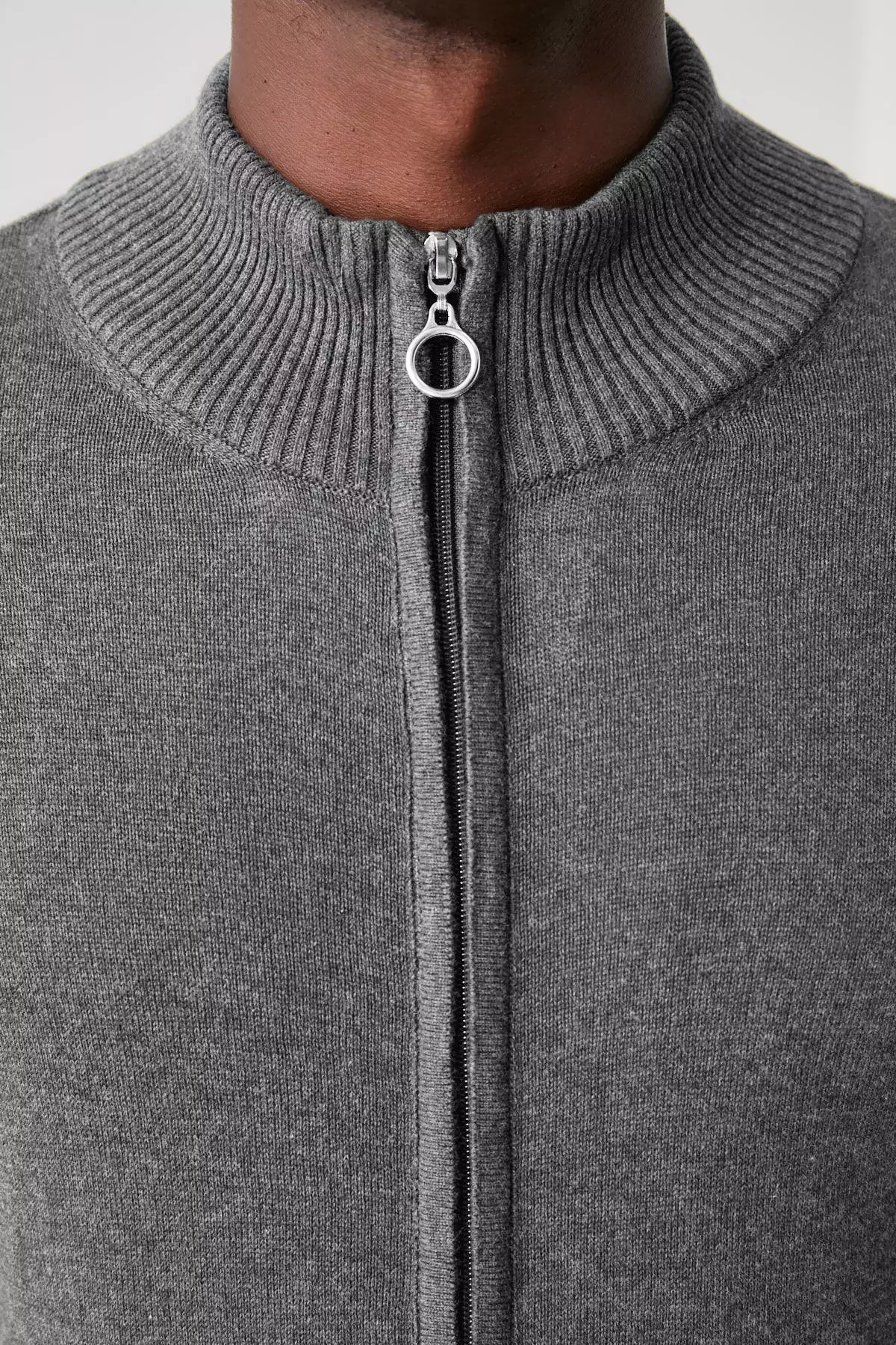 Gray Slim Fit Half Turtleneck Plain Knitwear Cardigan