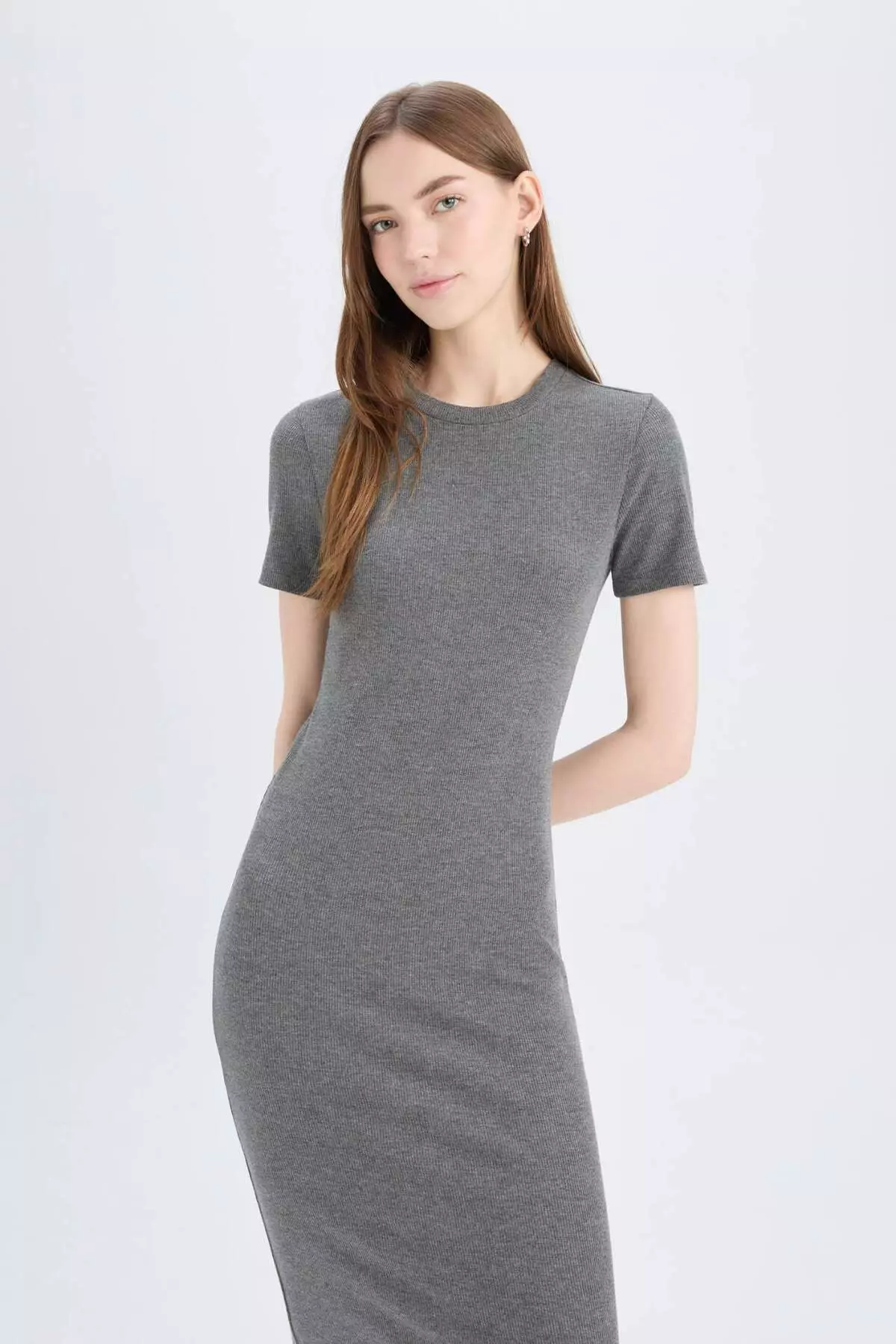 Bodycon Body Hugging Crew Neck Basic Plain Ribbed Camisole Short Sleeve Midi Dress E6926Ax25Sp