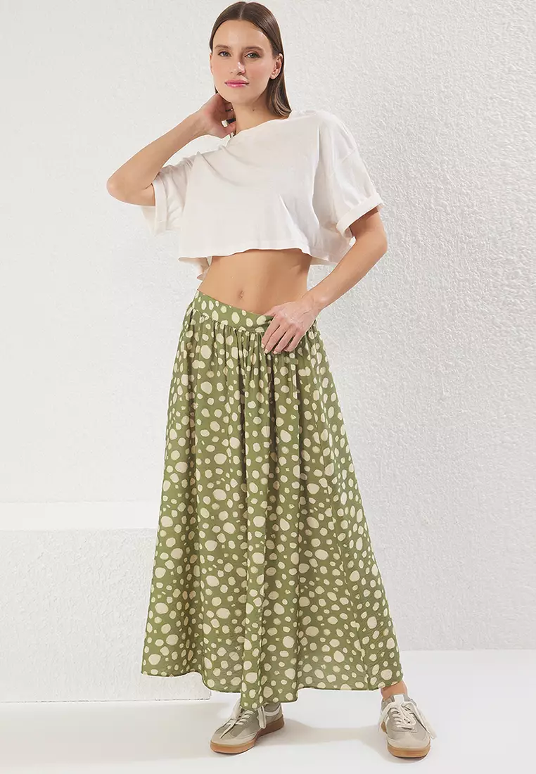 Polka Dot Patterned A-line/Flare Maxi Long Length Woven Skirt TWOSS25ET00156