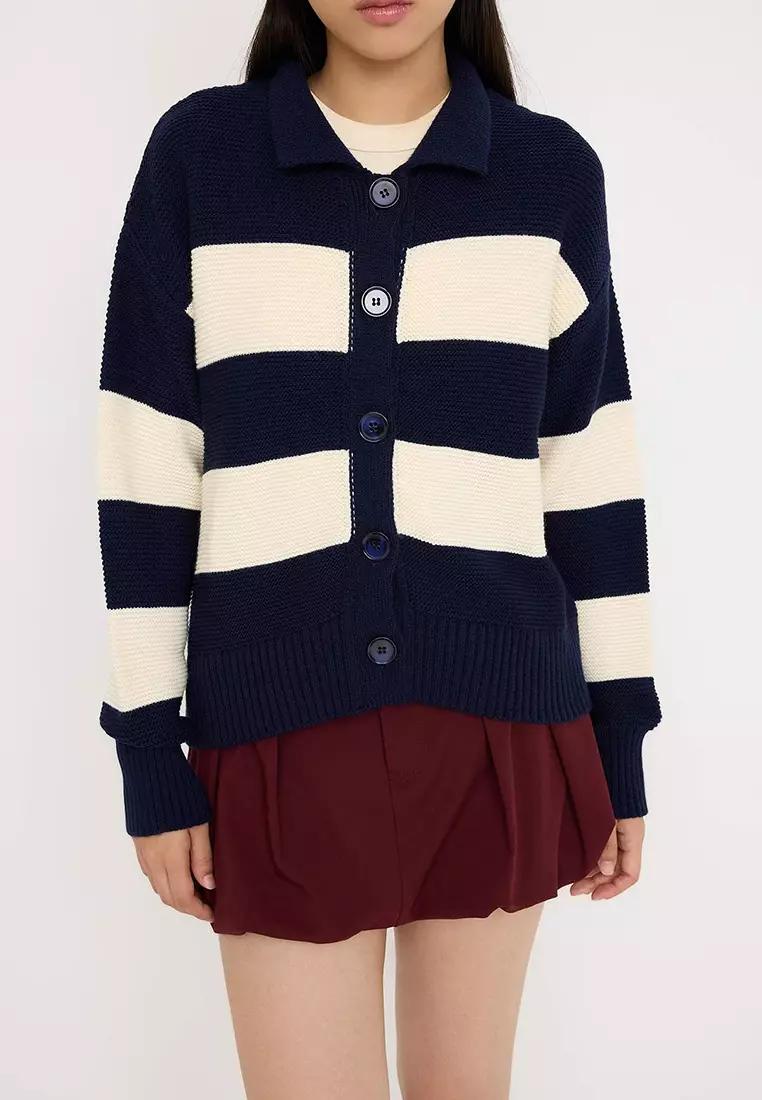 Teen Navy Blue Striped Polo Neck Knit Cardigan
