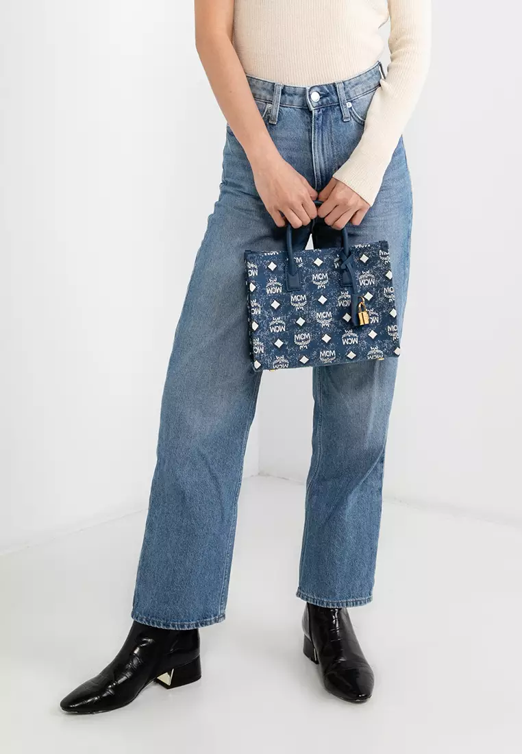 Mcm Munchen Small Denim Tote Bag In Blue