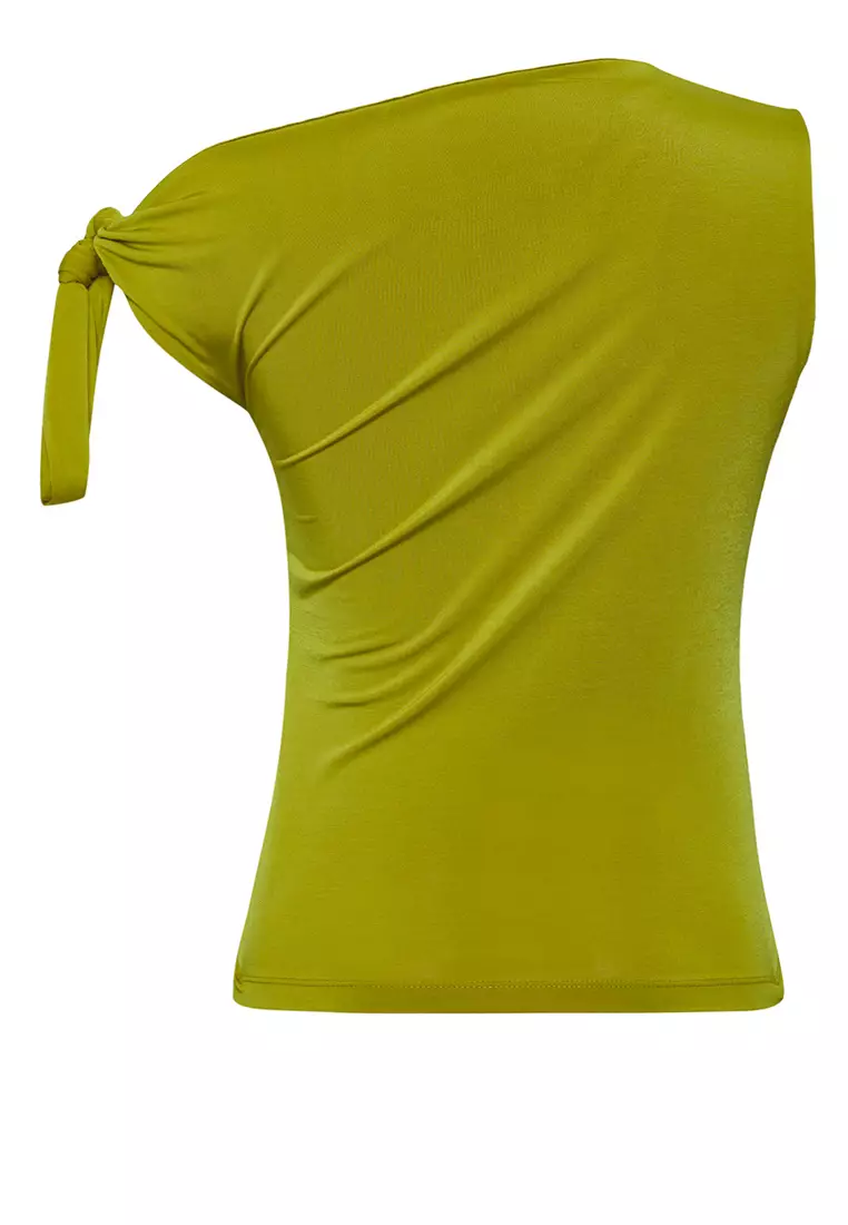 Oil Green Asymmetric Collar Tie Detail Stretchy Knitted Blouse TWOSS25BZ00400