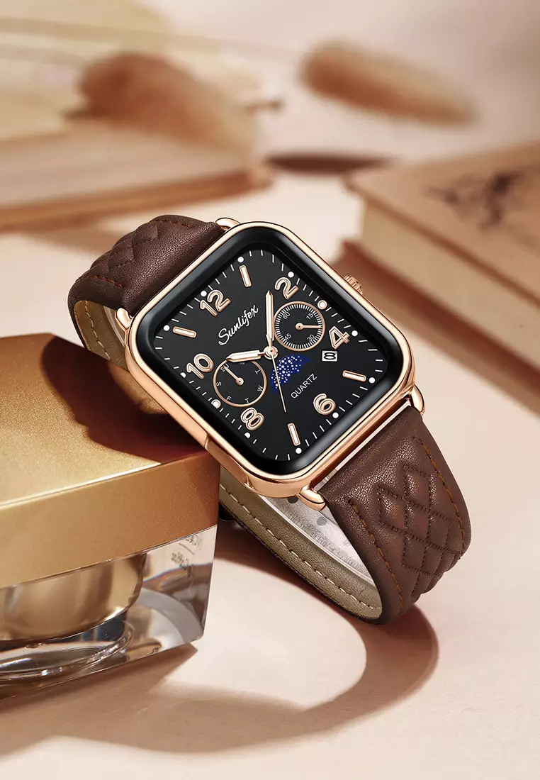 Jam Tangan Wanita Korean Kasual Mode Tali Kulit Kuarsa Jam Tangan Cewek Original coffee black