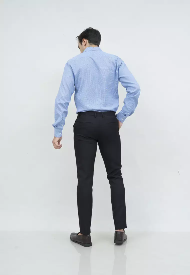 Kemeja slim fit lengan panjang pria kerja Biru Houndstooth houseofcuff