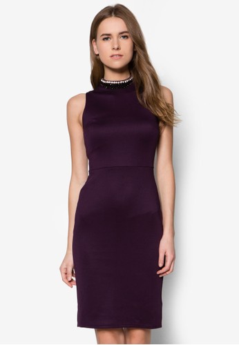 Purple Embellished Scubzalora 衣服評價a Pencil Dress, 服飾, 派對洋裝