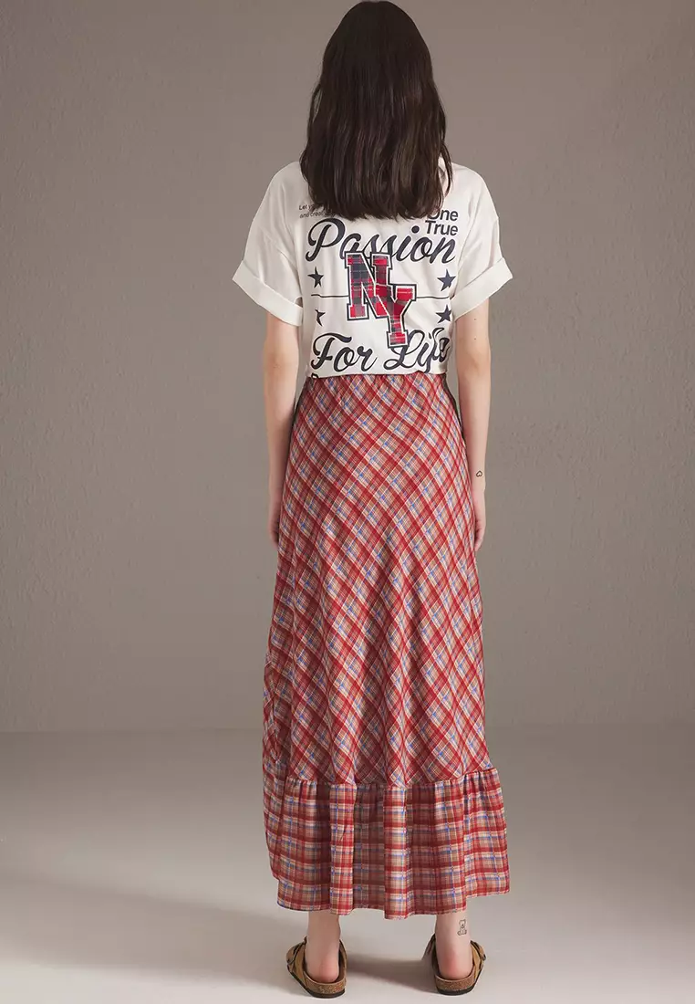 Multicolored Plaid Pattern Hem Asymmetrical Midi Length Skirt Twoss25Et00155