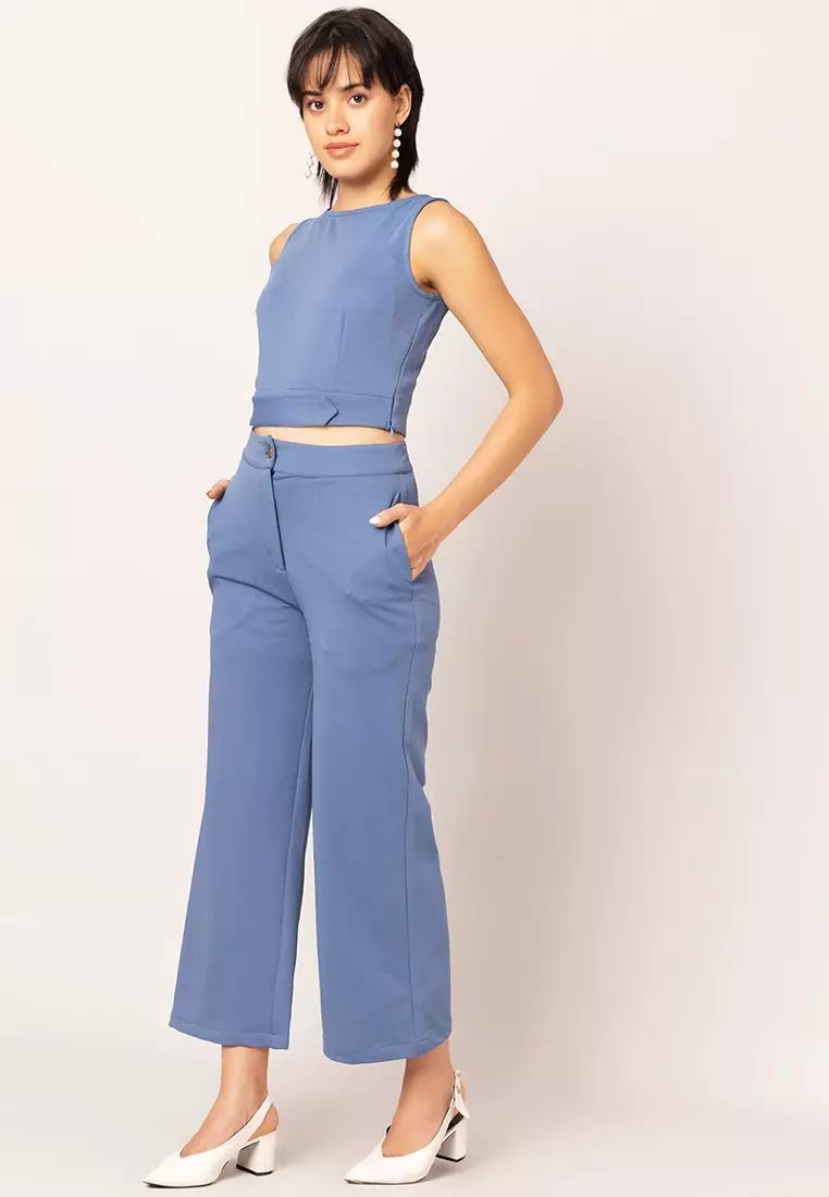 Blue Sleeveless Crop Top And Straight Fit Trousers Co-ord Set