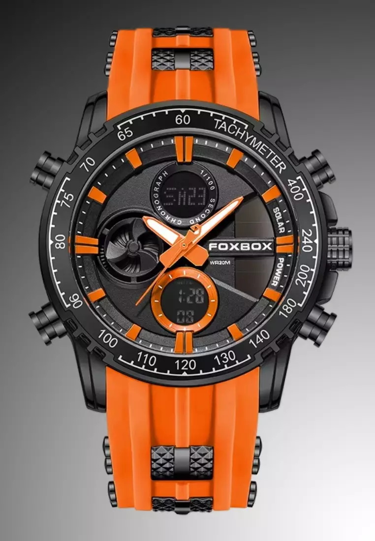 FOXBOX Unisex Analogue/Digital Chronograph Stainless Steel Quartz Watch, Black Dial, Silicone Bracelet