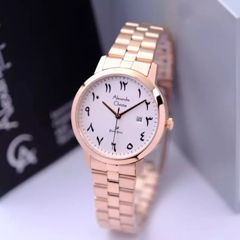 Alexandre Christie 1007 Rosegold Dasar Silver Arabic Dial Cewek