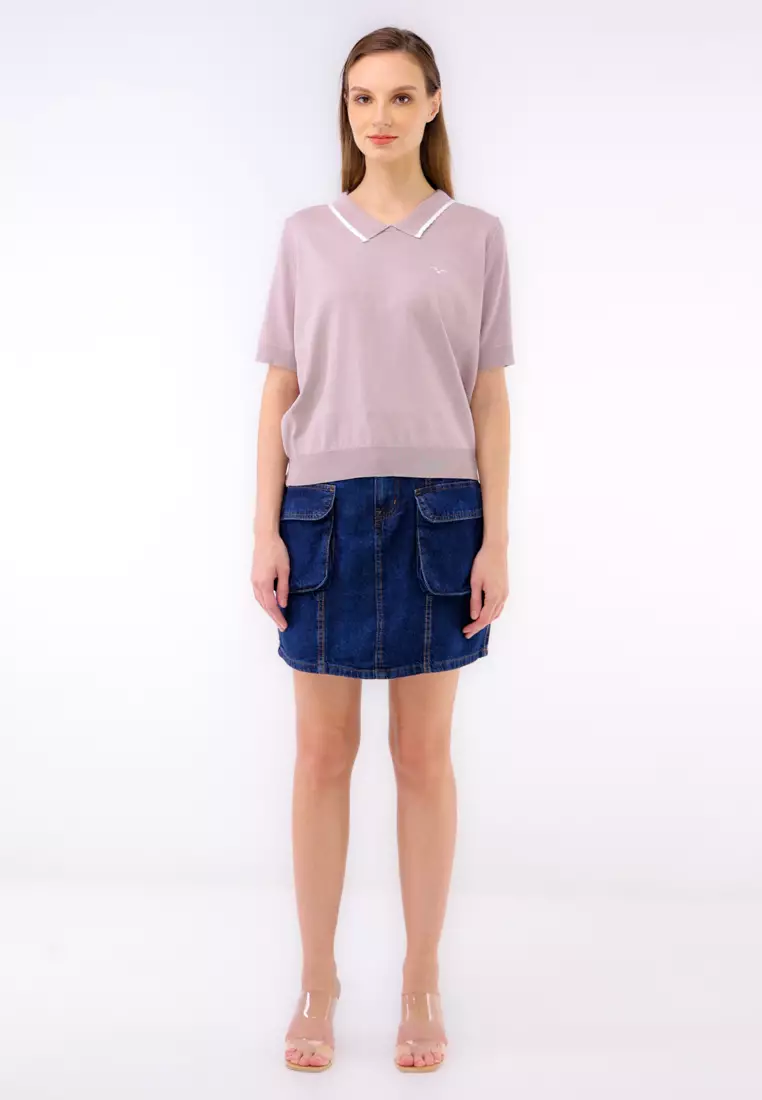 Knitted Plain Short Sleeve Blouse