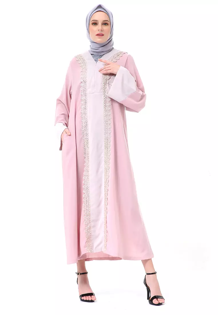 Catlana Long Hidden Pocket Abaya Turkey Variasi Renda Premium High Quality - Rose