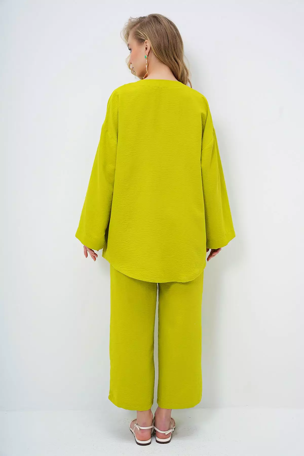 Women's Oil Green Lace-Up Kimono Jacket And Palazzo Pants Set Alc-X12452