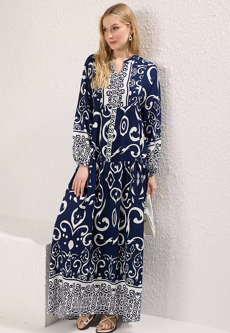 Indigo Patterned Viscose Woven Dress TCTSS24EB00221