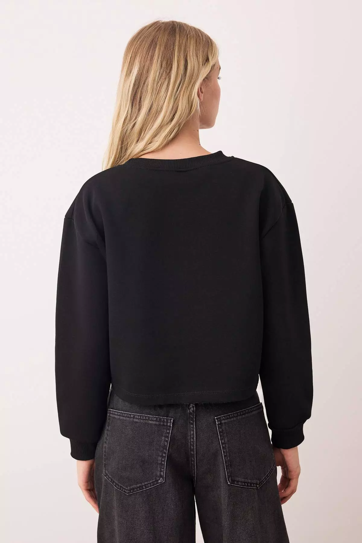 Black Thick Fleece Inside Crew Neck Crop Knitted Sweatshirt