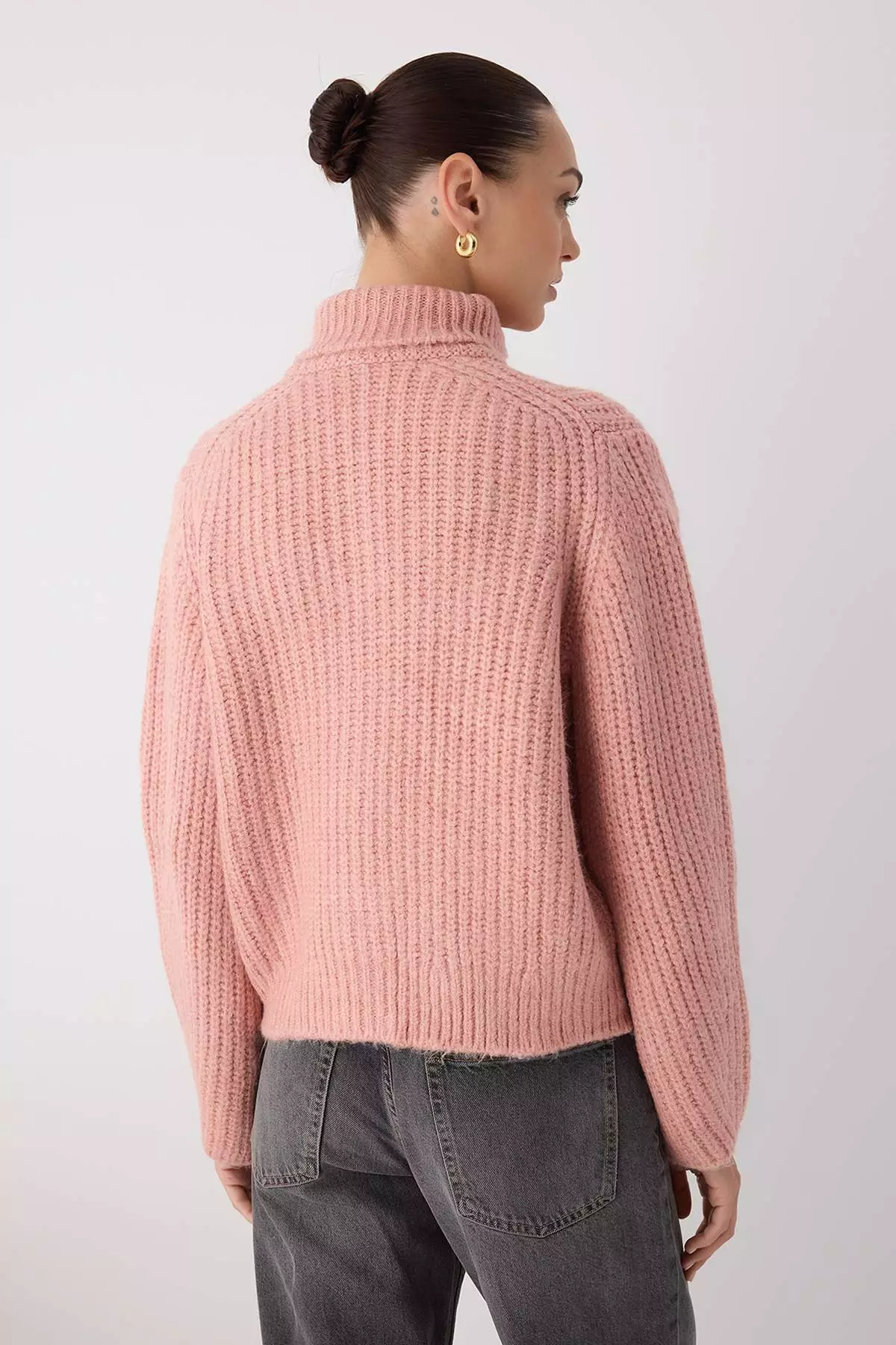 Light Pink Zipper Detailed Soft Textured Wide Fit Turn Down Collar Knitwear Cardigan