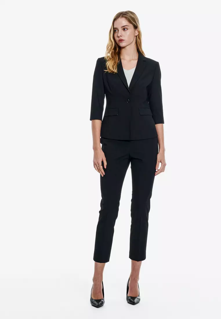 黑色織紋七分袖修身版西裝外套(可機洗)