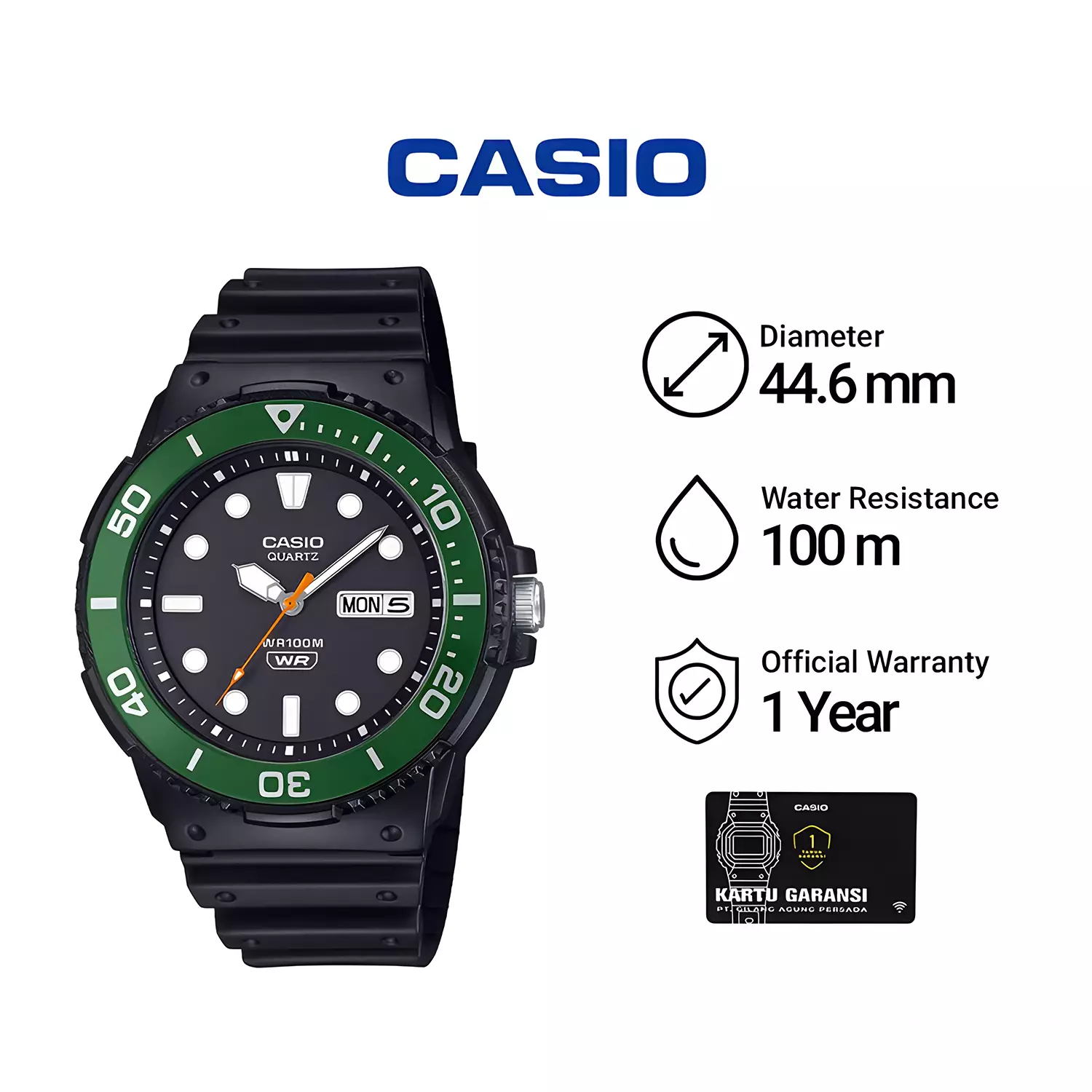 Jam Tangan Analog Pria - Green Aluminum Bezel - Black Resin Case & Band - MRW-230H-1E3V