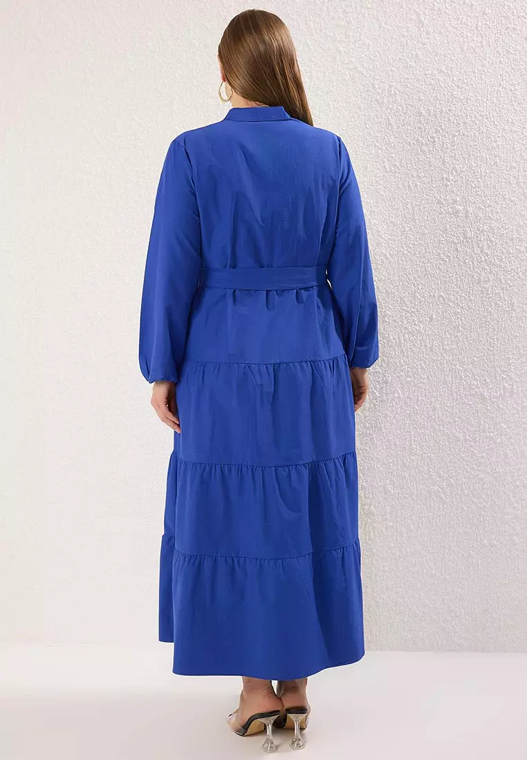 Plus Size Saxe Belted Judge Collar Button Detailed Woven Dress Tctss25Eb00150