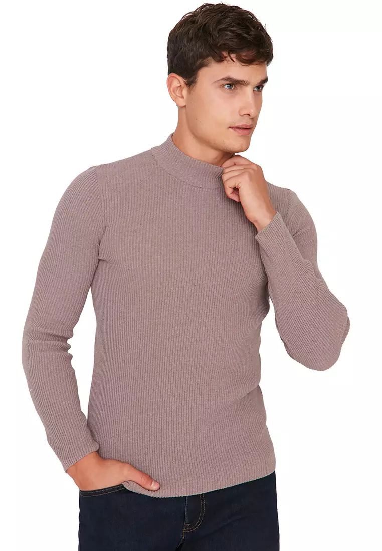 Slim Fit Buttoned Polo Neck Corduroy Knitted Sweater