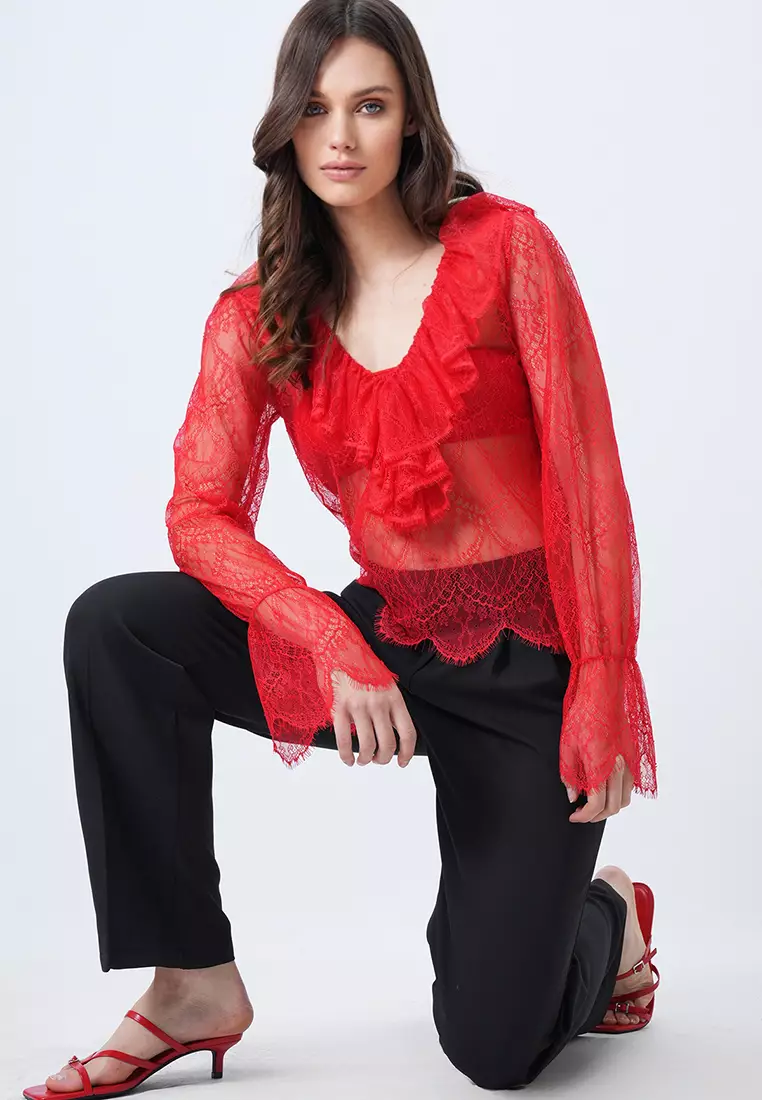 V-Neck Ruffle Lace Blouse