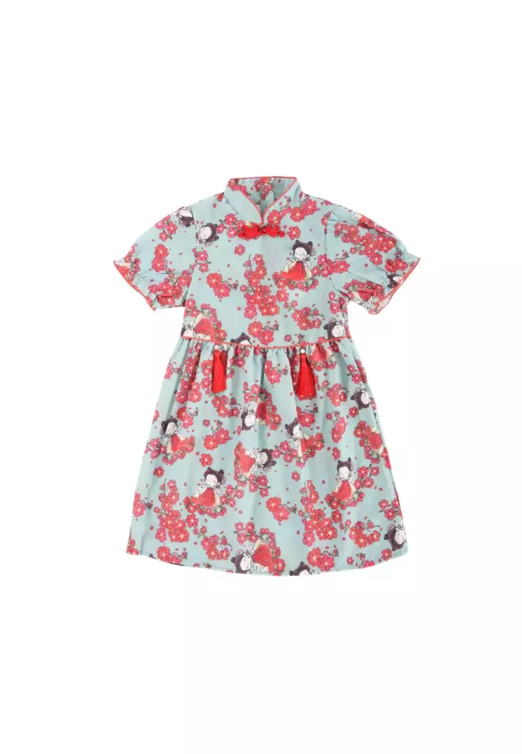Little Girl Dancing Among Red Plum Flowers Baby Kids Girl Cheongsam Dress 0853