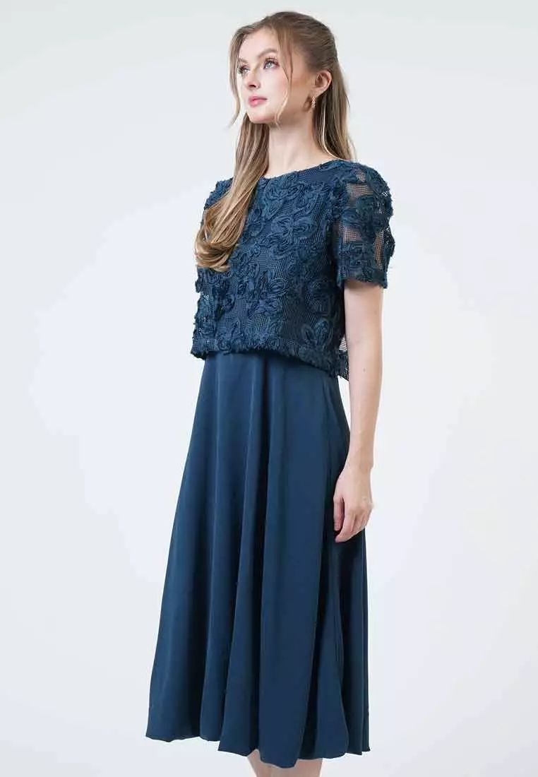 Hailey 3D Floral Appliqué Layered Midi Dress