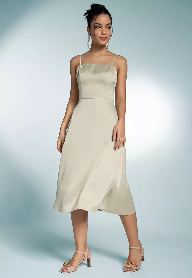 Warehouse green satin twist knot 2025 midi dress