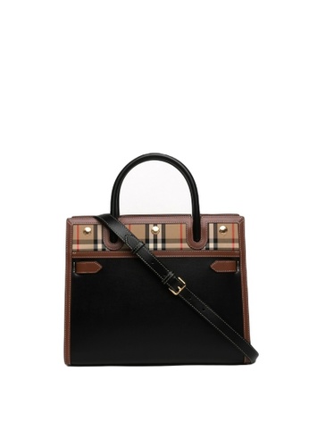 Burberry black SMALL LEATHER AND VINTAGE CHECK TWO-HANDLE TITLE BAG Shoulder bag/Top handle F5069ACA29BF7CGS_1