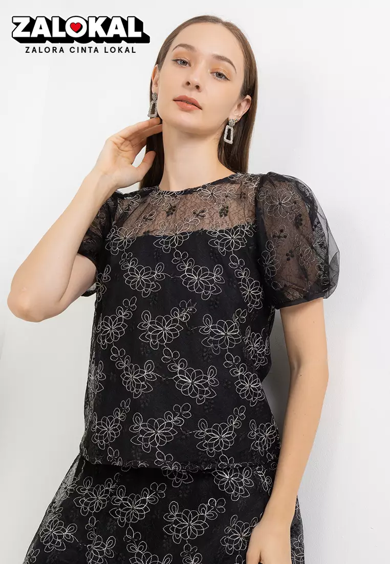 Tulle Detail Puff Sleeve Pekaboo Emb Mesh Blouse