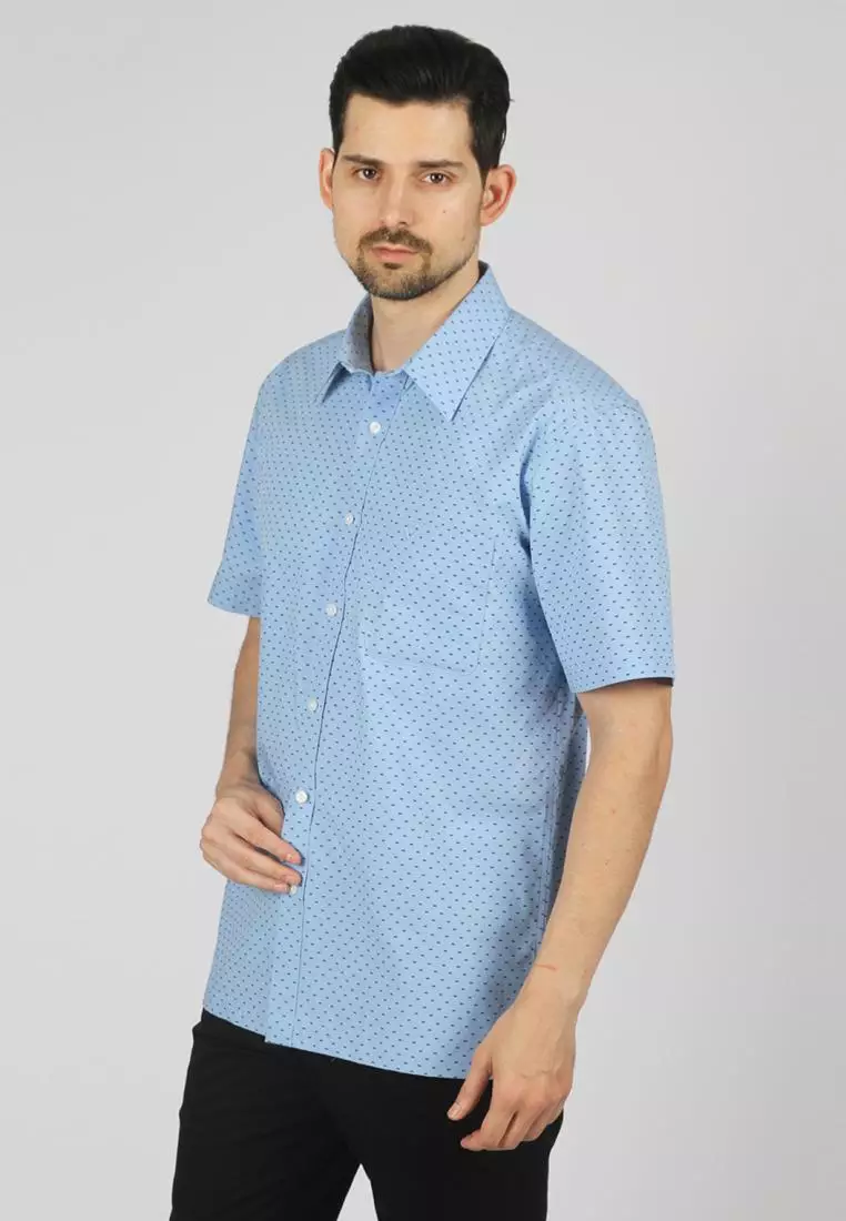 Kemeja Lengan Panjang Ethan White Motif Garis Halus - Light Blue Cotton Smart Casual