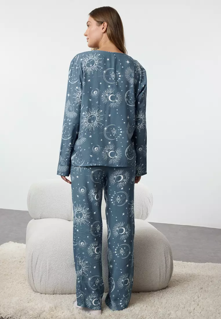 Women's Couple Blue Galaxy Patterned Viscose Woven Pajama Set