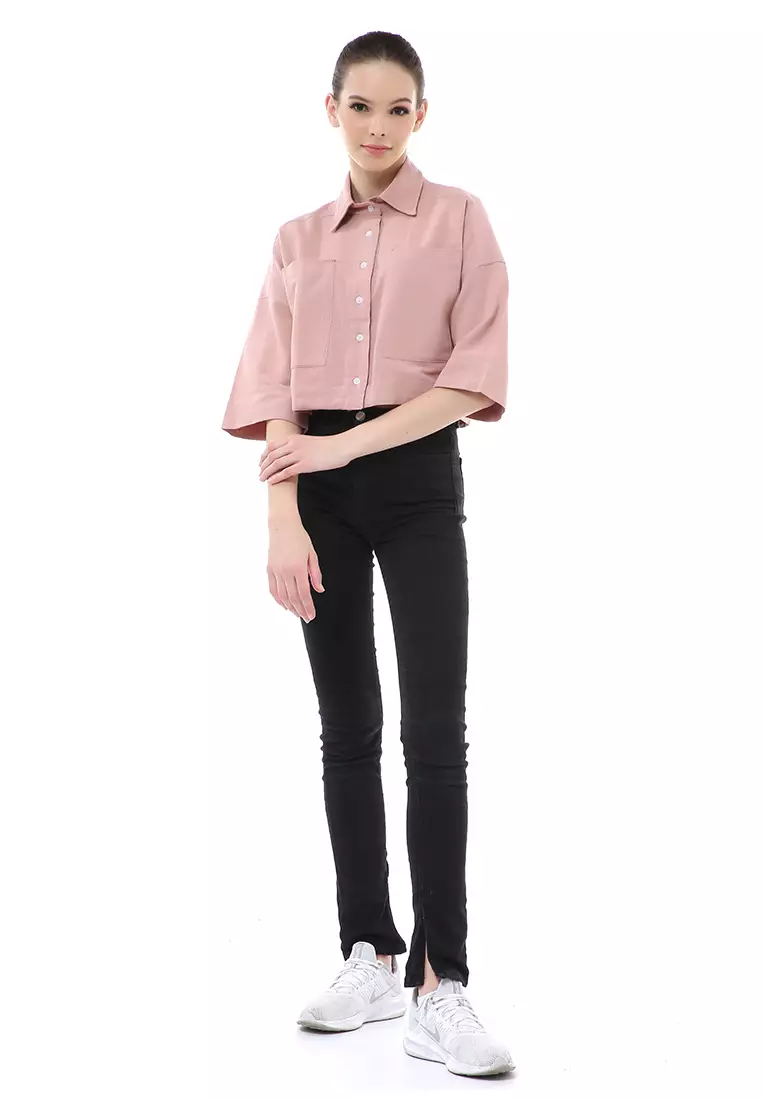 Brielle Atasan Wanita Kemeja Crop Oversize Shirt Lengan Panjang Material Linen ORIGINAL - Dusty Pink