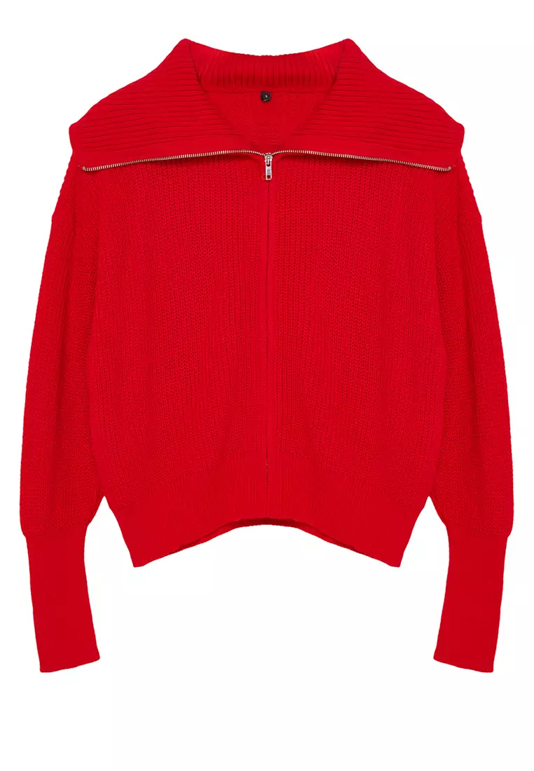 Red Wide Pattern Turn-down Collar Zippered Knitwear Cardigan TWOAW24HI00072