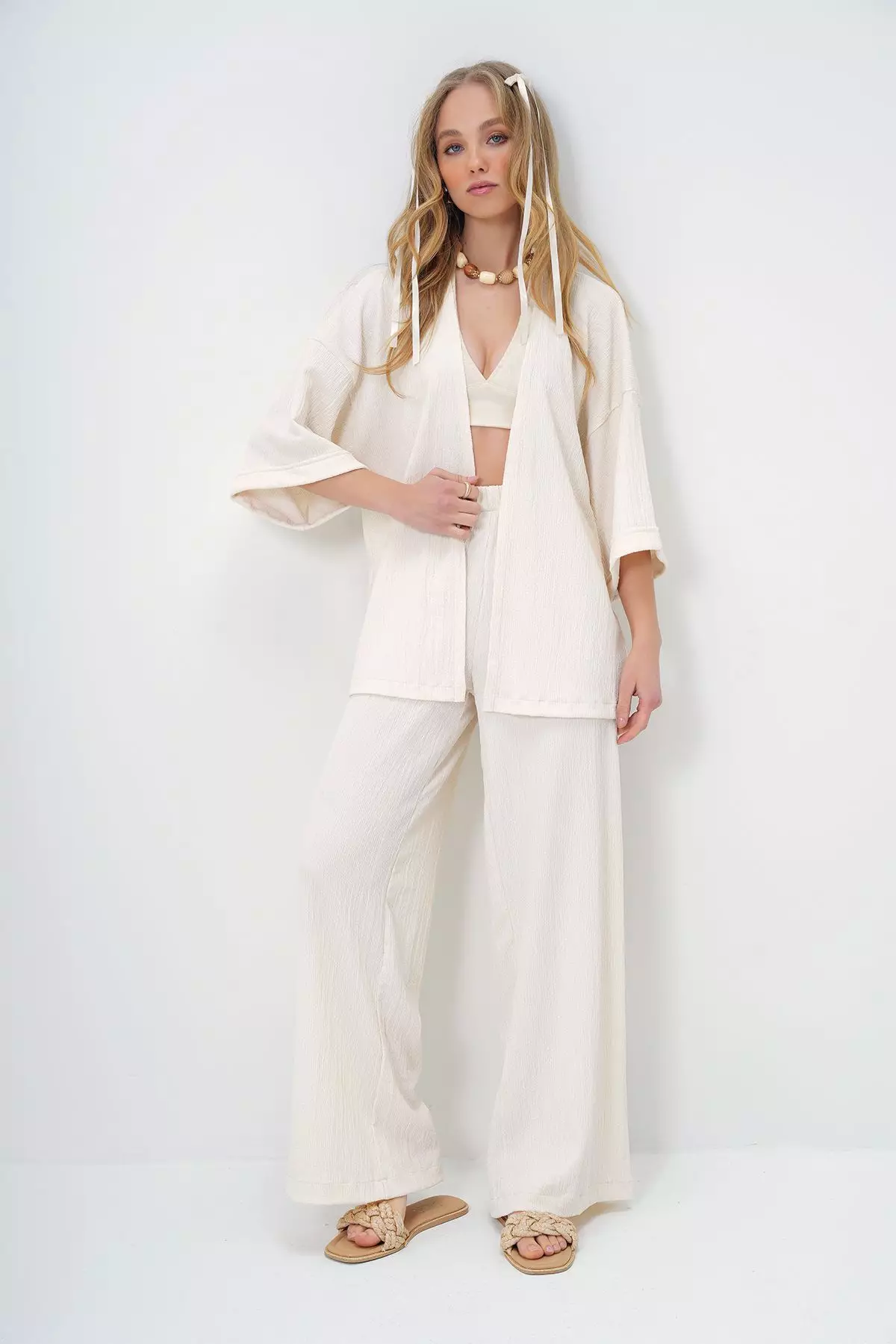 Women's Ecru Double Sleeve Wrap Fabric Summer Kimono And Trouser Set