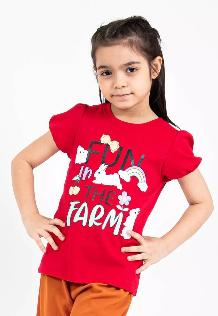 Forest Kids Girls Cotton Interlock Short Sleeve Graphic Round Neck T-Shirt | Baju Budak Perempuan - FK820059-51Red