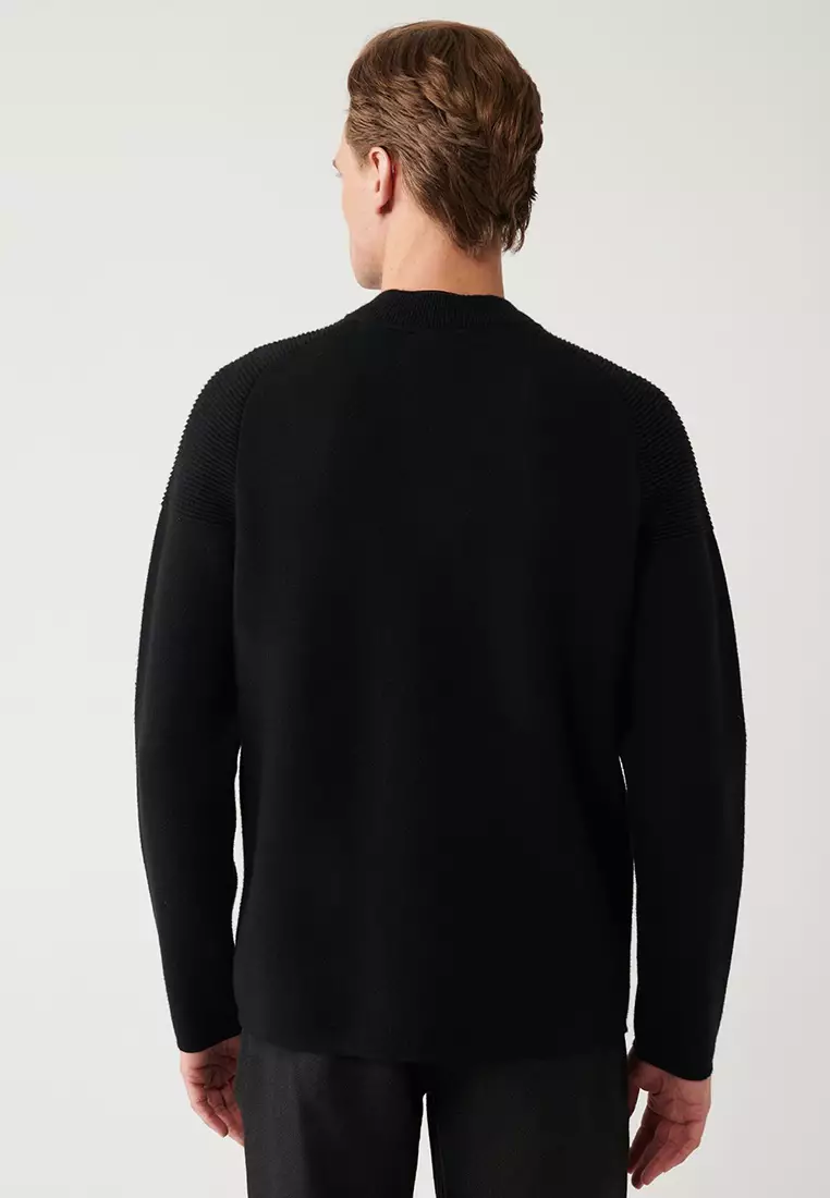 Men's Black Bomber Collar Zip Steel Knitted Knitwear Cardigan A32Y5118
