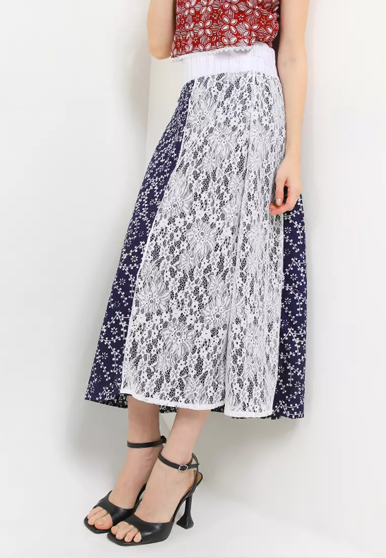 Rok Muslim Maxi Skirt Bawahan Batik Wanita Katun Brokat Naomi Navy