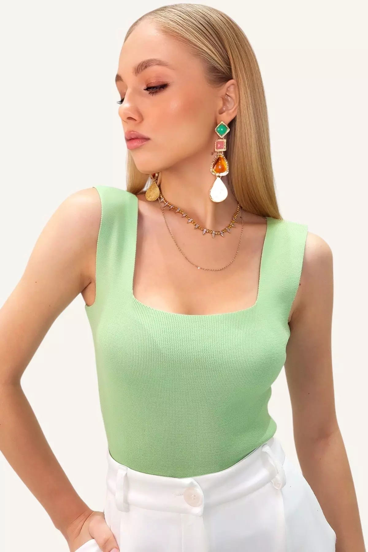 Women's Mint Green Square Neck Slim Mercerized Blouse