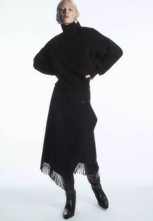 Fringed Wool Midi Wrap Skirt