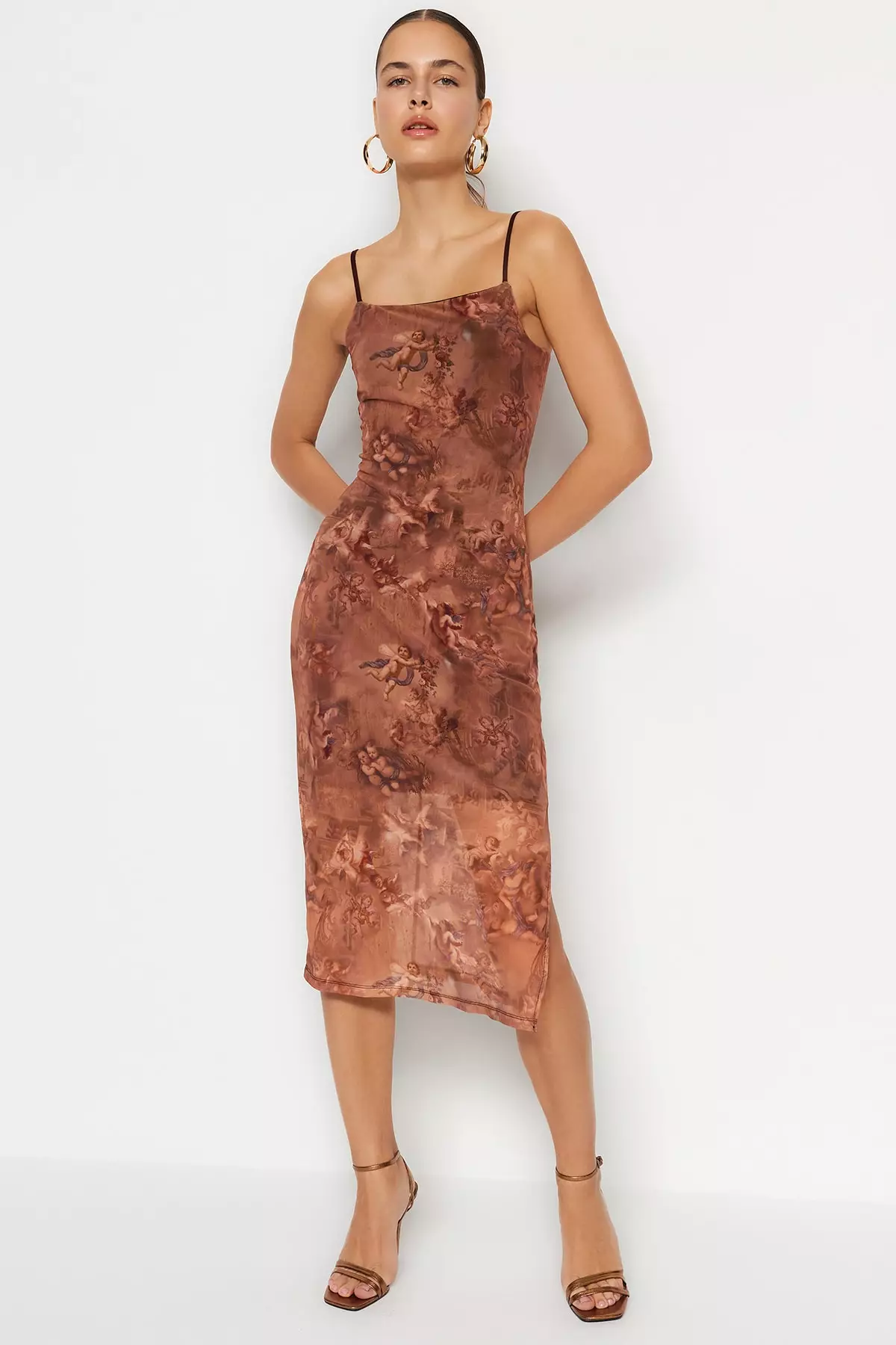Limited Edition Brown Printed Fitted Midi, Flexible Knit Dress