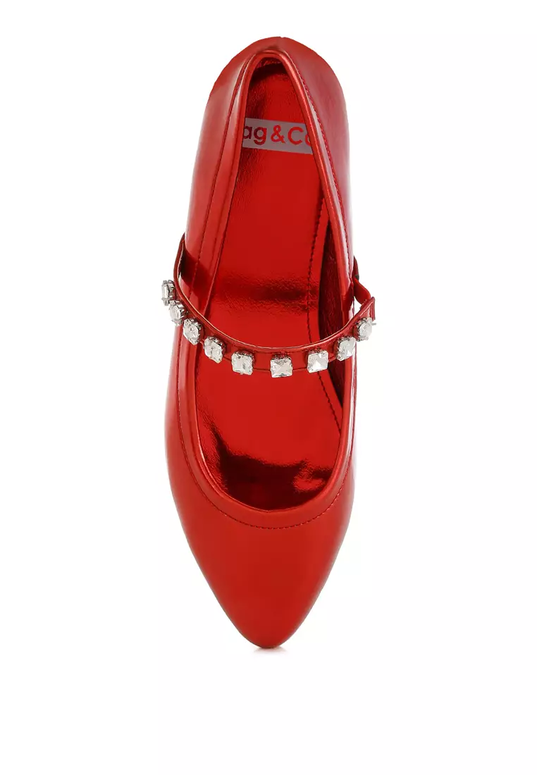 Metallic Mary Jane Ballerinas in Red