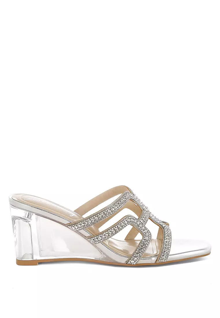 Discount on London Rag  shoes - SKU: Metallic Rhinestone Clear Wedge Sandals In Silver
